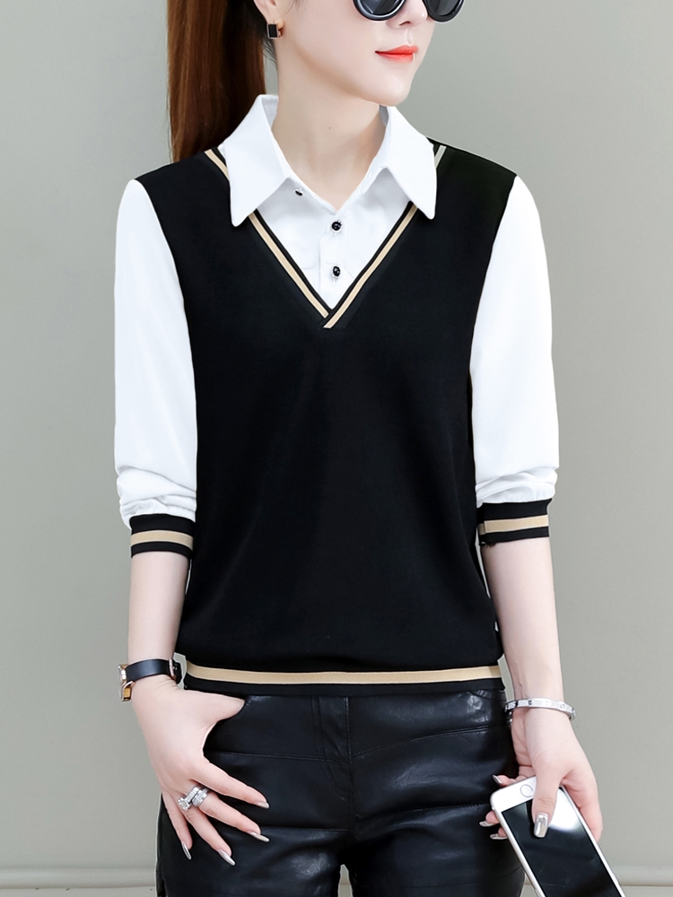 长袖针织假两件女士加绒上衣时尚