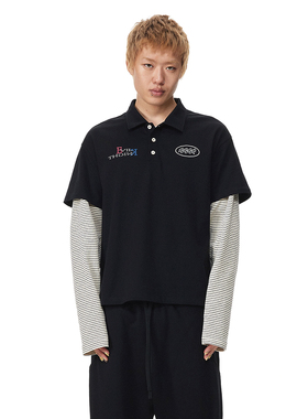 EK/EVILKNIGHT 早春复古印花条纹拼接假两件长袖POLO衫