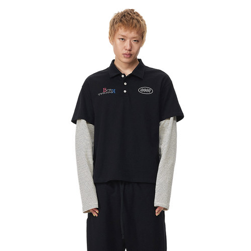 EK/EVILKNIGHT 早春复古印花条纹拼接假两件长袖POLO衫