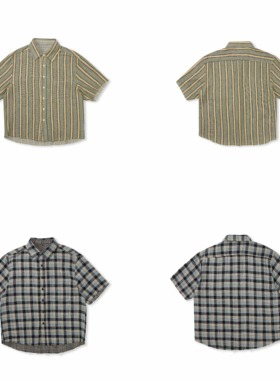EK/EVILKNIGHT 春夏条纹格子两面穿定染衬衫纯棉休闲宽松短袖