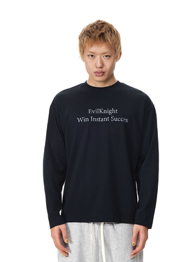 EK/EVILKNIGHT 早春复古英文马到成功宽松休闲圆领套头T恤长袖