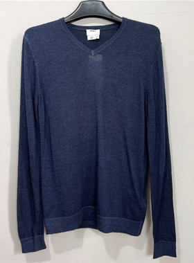 XS码DKNY唐可娜儿高端藏蓝色V领纯羊毛针织衫薄款打底衫毛线衣