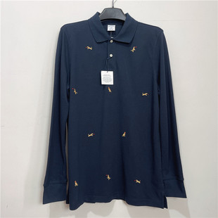 L码Brooks Brothers布克兄弟男士纯棉刺绣小狗长袖polo衫翻领T恤