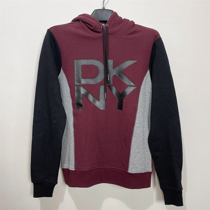 XS码DKNY唐可娜儿男女同款加绒连帽枣红色抽绳运动风休闲卫衣外套