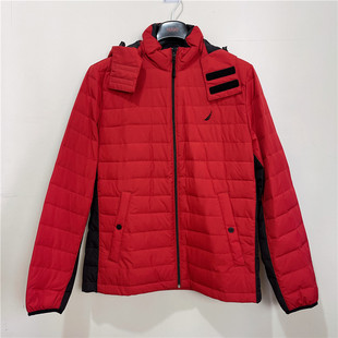 S码Nautica诺帝卡男女同款薄款冬季红色连帽拆卸排骨轻便羽绒服