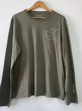 CK/Calvin Klein男士春秋款军绿色青年大logo长袖T恤简约打底衫