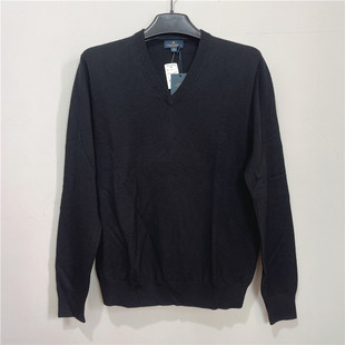 Brooks Brothers布克兄弟男士黑色经典款薄款绵羊毛v领针织衫毛衣