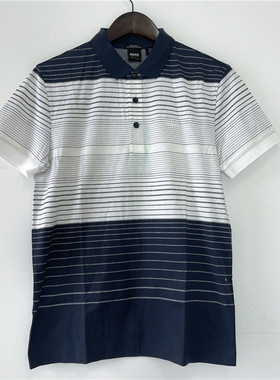 S码Hugo Boss男士夏季藏蓝色高端款丝光棉短袖polo衫翻领条纹T恤