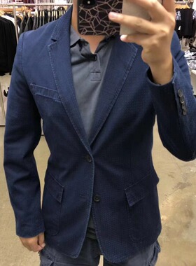 XS码DKNY唐可娜儿男士修身款晚宴会深蓝色休闲单西装西服纯棉外套