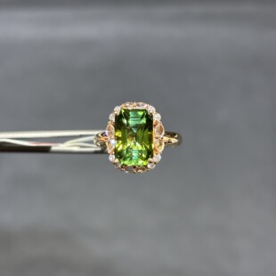 18k金镶天然巴西薄荷绿碧玺戒指配钻石女戒电光绿长方火彩玻璃体