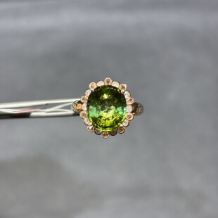 18k金天然巴西薄荷绿碧玺戒指配钻石女戒电光绿大椭圆火彩玻璃体