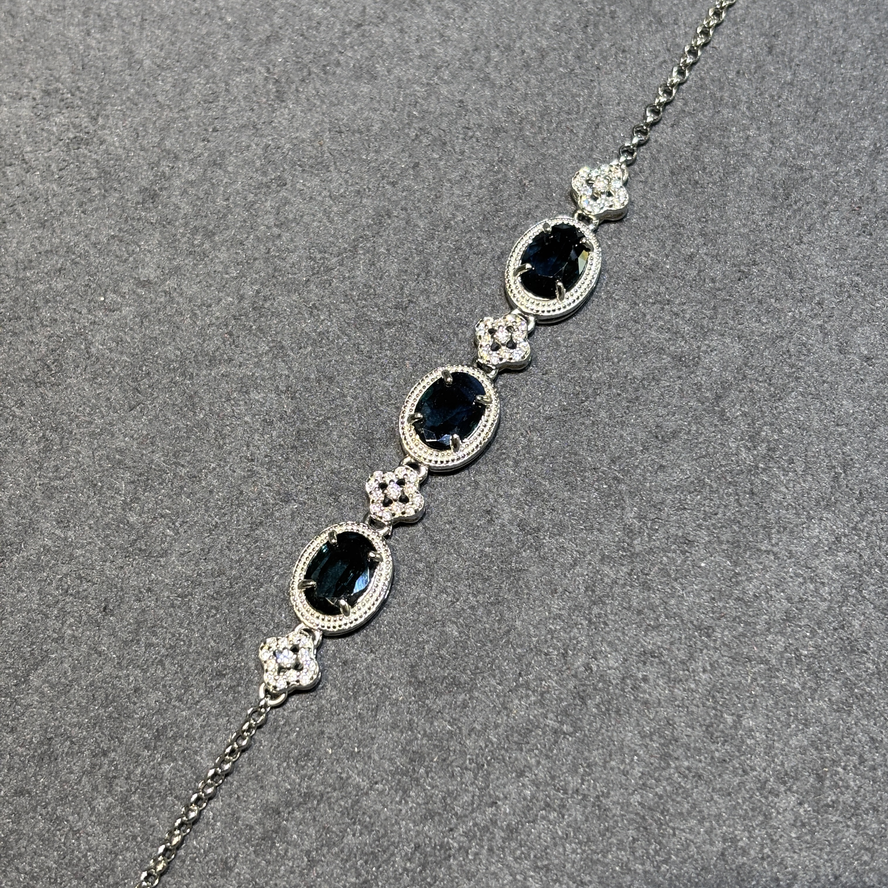 S925银天然蓝宝石手链女款长方形手串山东矿区简约高端深蓝墨水蓝