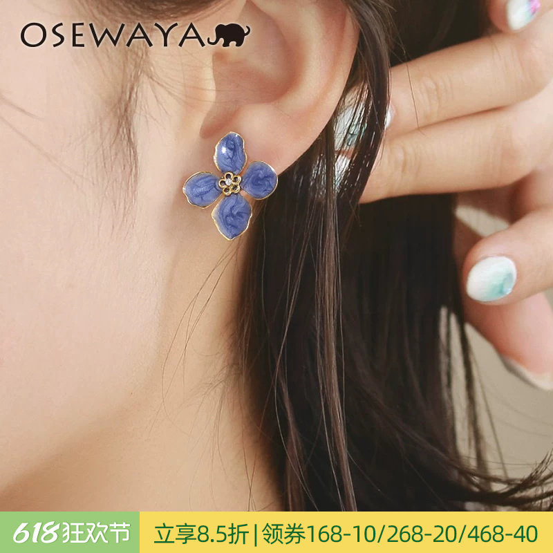 OSEWAYA耳夹无耳洞女紫色绣球花朵短款耳环春夏鸢尾度假气质耳饰