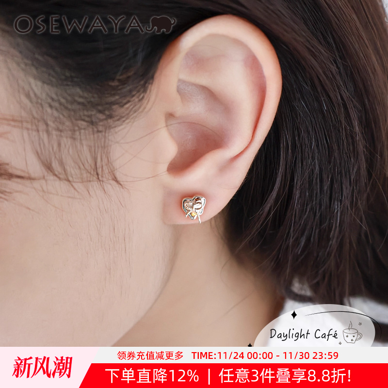 韩系mini爱心蝴蝶结耳钉S925银