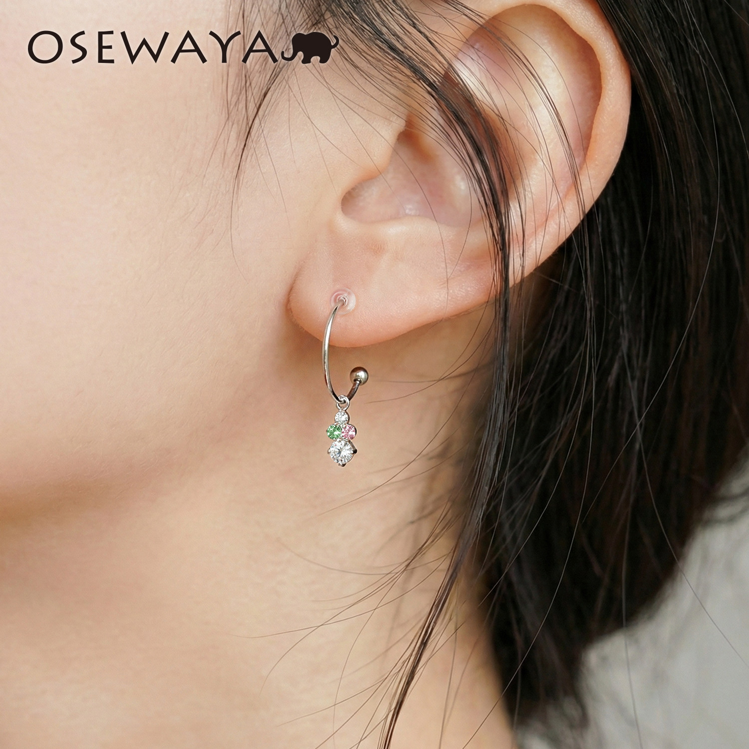 OSEWAYA耳钉日系小众C形彩色仿锆石吊坠耳圈女日常防过敏树脂耳环