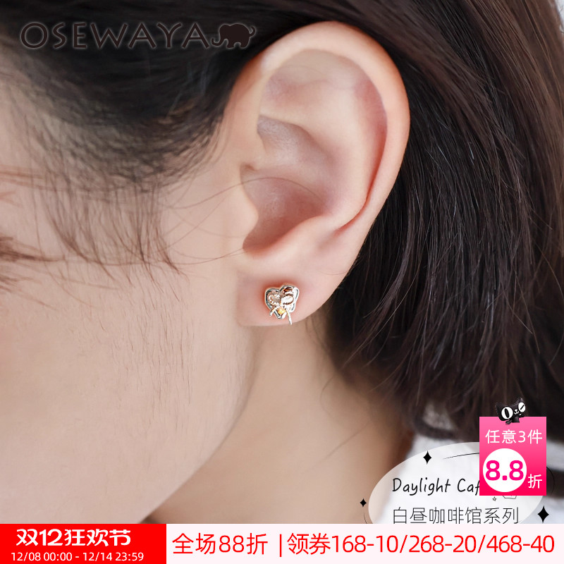 韩系mini爱心蝴蝶结耳钉S925银