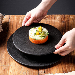 黑色甜品盘子磨砂陶瓷长方形牛排盘西餐餐具寿司盘圆形蛋糕平板盘