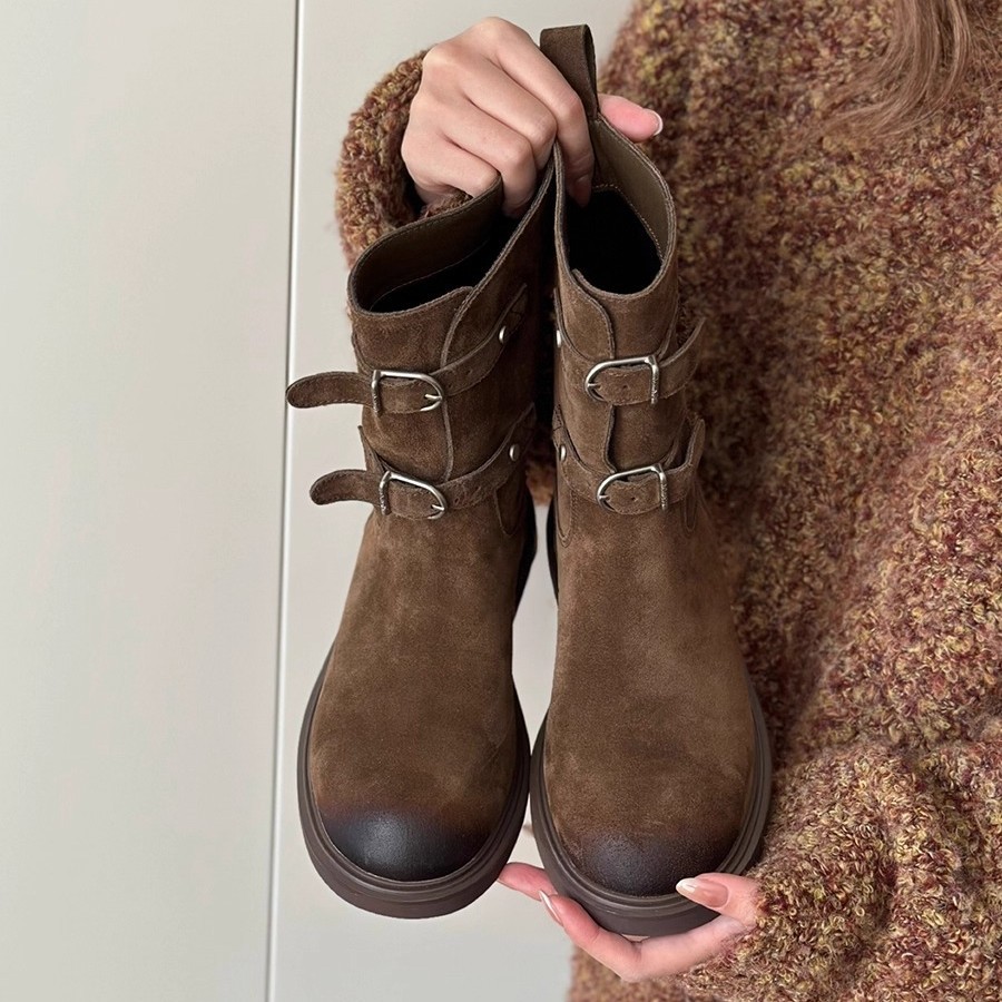 现货时尚潮流复古擦色皮带扣西部牛仔靴短靴女美拉德马丁靴机车靴