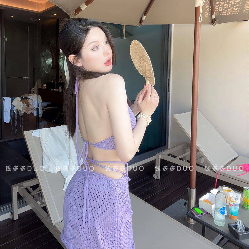 度假风比基尼性感辣妹露背镂空挂脖吊带纯欲两件套针织泳衣女夏季