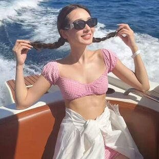 【吃吃孙涵清同款】新款粉色分体泳衣泳装温泉海边比基尼纯欲风夏