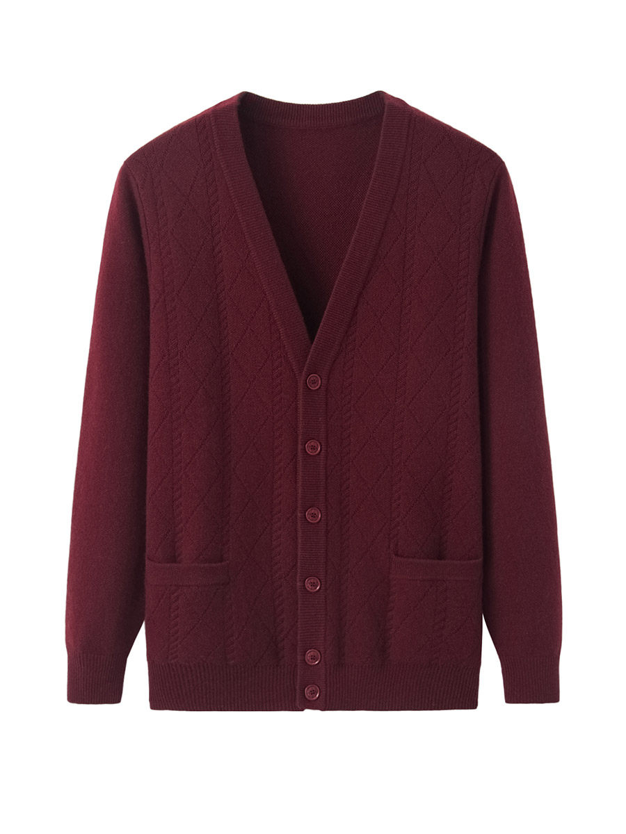 ORDOS 두꺼운 V 넥 순수 캐시미어 스웨터 남성 카디건 가을 겨울 중년 및 노인 니트 카디건 루즈 한 스웨터