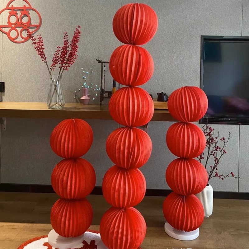 红色喜庆蜂窝灯笼球立柱结婚房背景布置婚礼路引装饰新年春节摆件