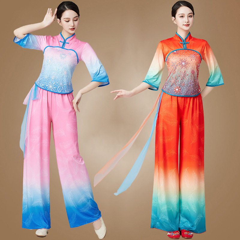 新款广场舞古典扇子舞演出服服装舞蹈秧歌套装中老年