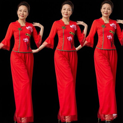 弹性面料广场舞服装新款套装中老年秧歌扇子舞蹈衣服古典舞表演服