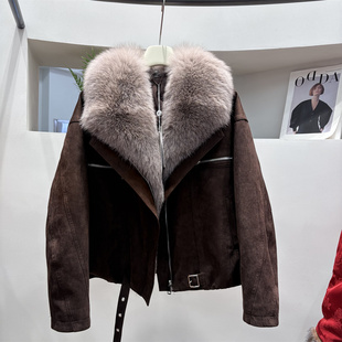 冬季新款真狐狸毛领鹿皮绒短款羽绒服女装减龄外套