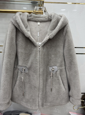 2025新款灰色仿皮毛连帽外套女百搭宽松拉链绒感时尚加厚上衣