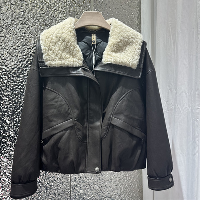 正品2025新款毛呢PU皮衣加棉外套女短款小个子加厚保暖皮草大衣
