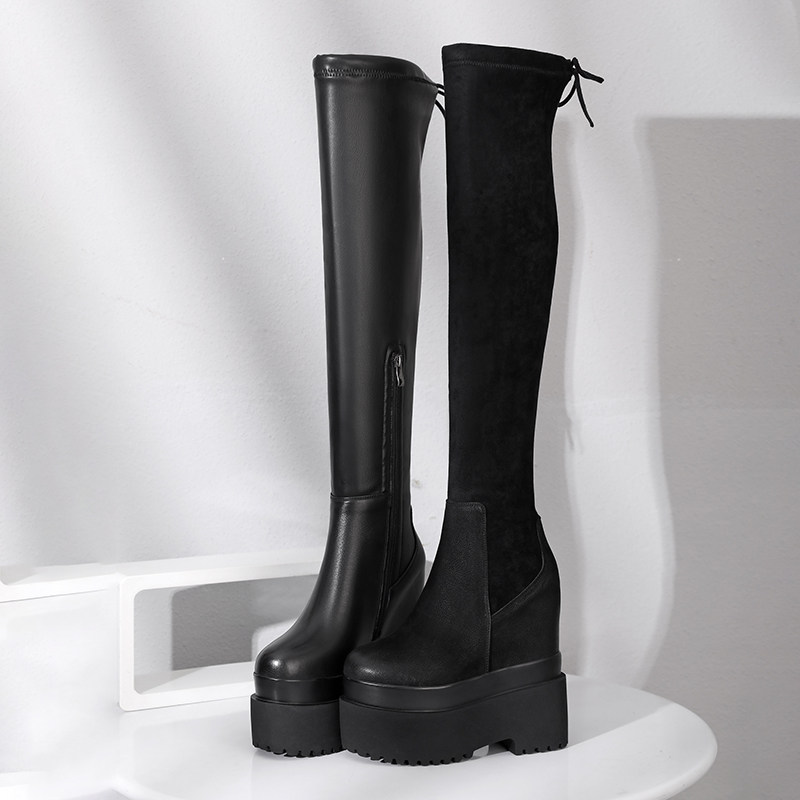 OVER-THE-KNEE BOOTS WOMENS 16CM INNER HEIGHT SMALL SIZE THICK-SOLED WEDGE STRETCH PINE LEATHER BOOTS GENUINE LEATHER SUPER HIGH HEELED BOOTS
