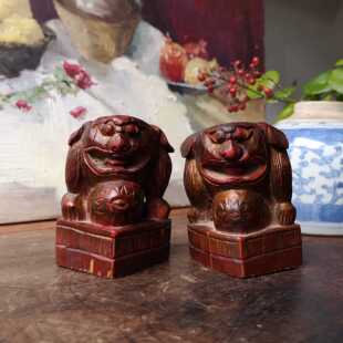 晚清江南榉木鎏金木雕案头狮一对老物件古董新中式摆件8810