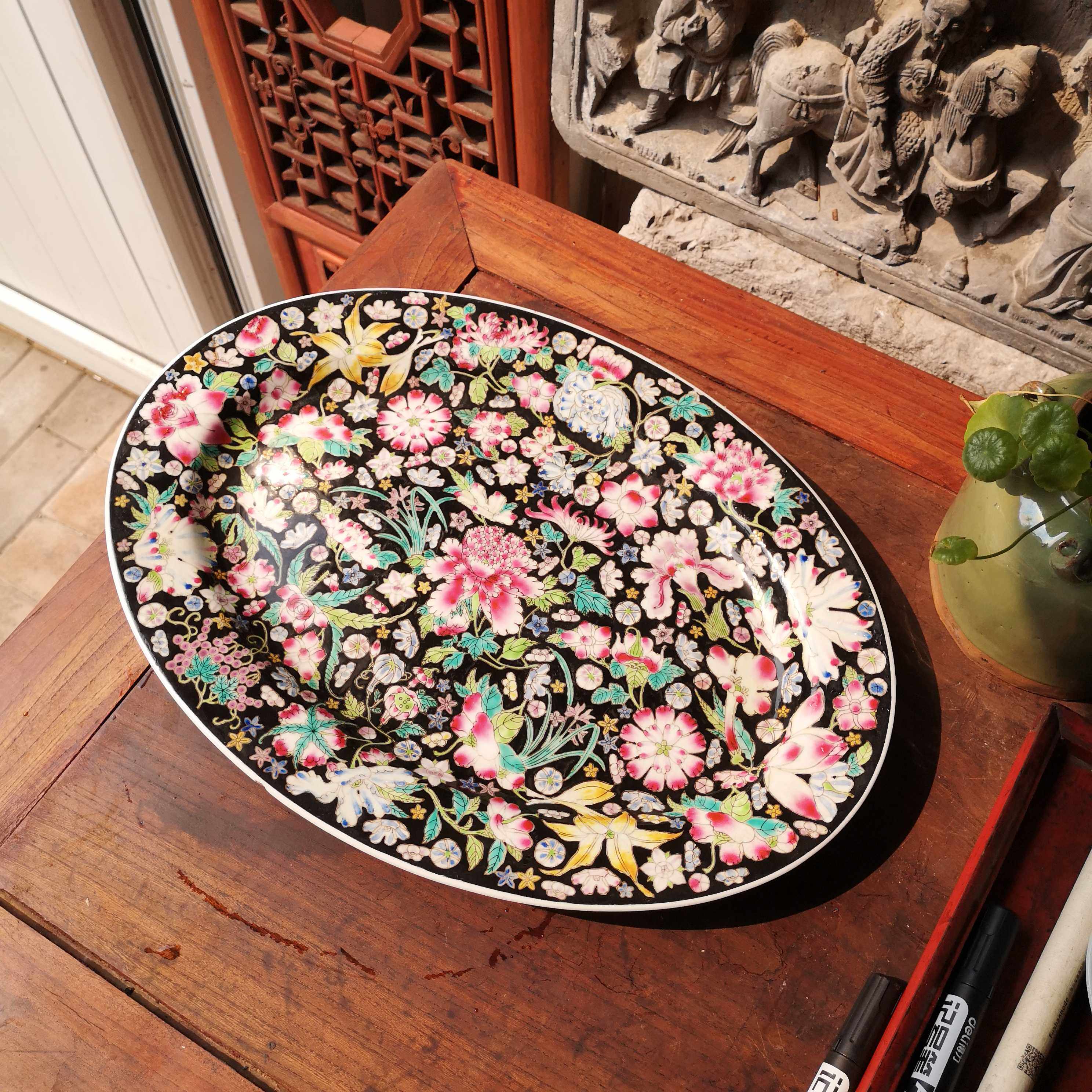 文革江南粉彩大茶果盘老物件古董瓷器新中式案头收纳摆件8741