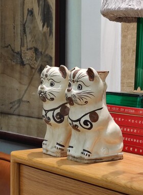 清代磁州窑小猫烛台一对案头艺术摆件