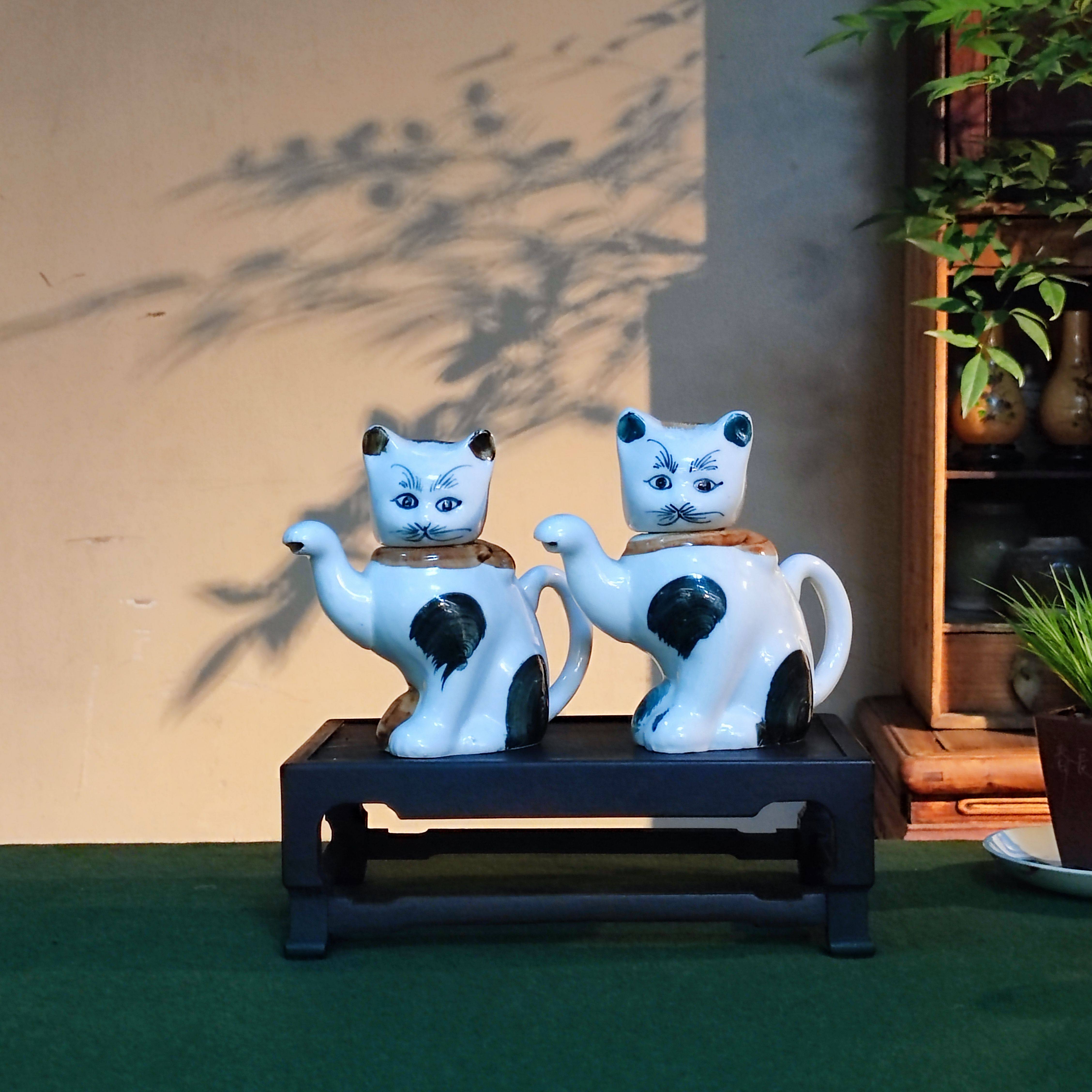80年代江南招财猫瓷器小猫壶老物件古董艺术案头摆件