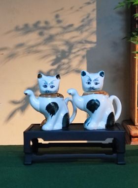 80年代江南招财猫瓷器小猫壶老物件古董艺术案头摆件