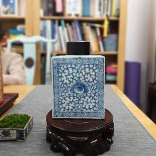 清代江南青花缠枝莲牡丹方形茶叶罐老物件古董瓷器艺术案头摆件
