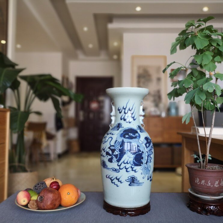 清代江南青花太师少师狮子瓶花器老物件古董瓷器艺术摆件