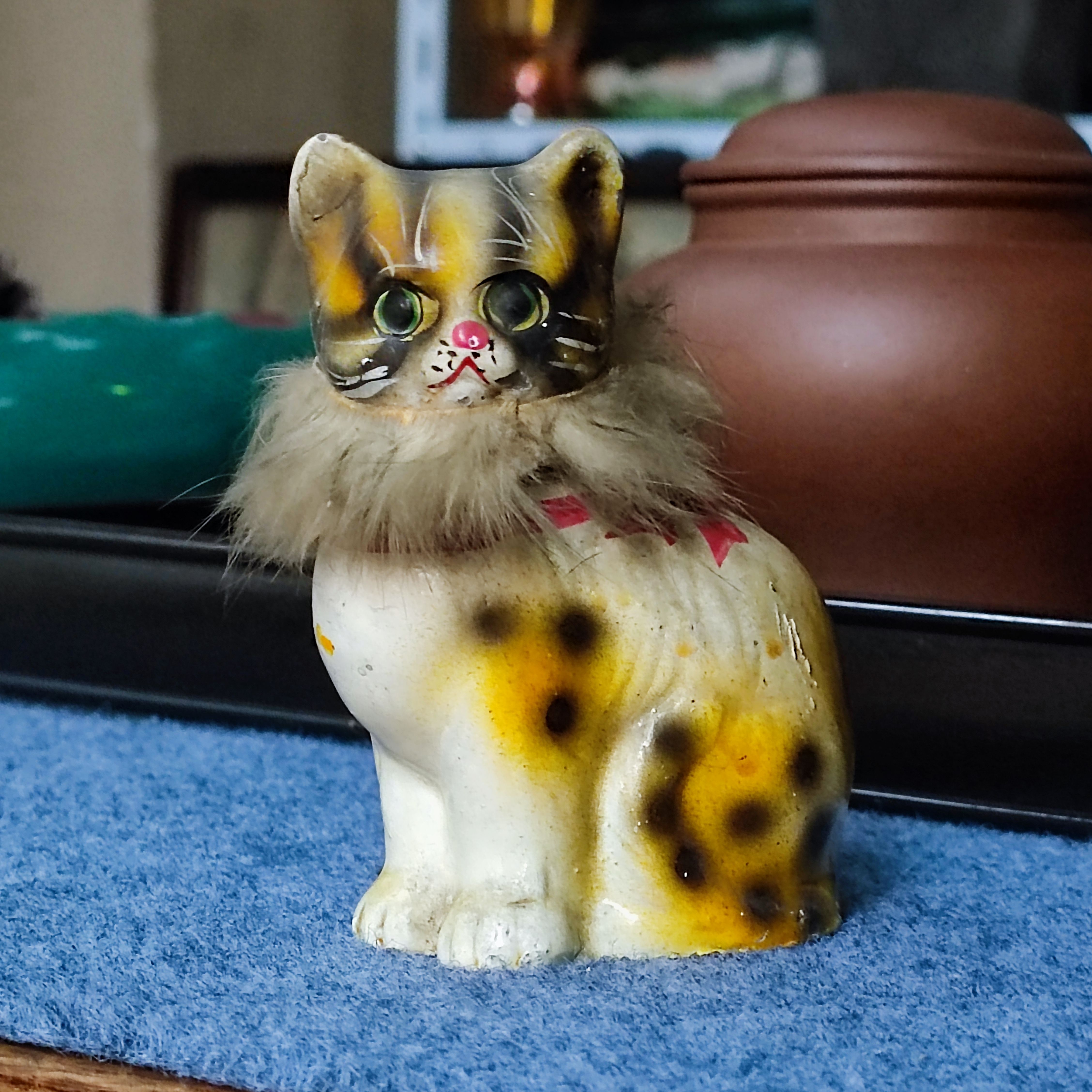 80年代江南泥塑小猫咪案头玩偶手办公仔摆件