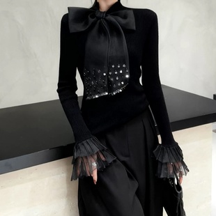 针织衫 重工珠片半高领修身 打底毛衣女2025秋冬时尚 飘带设计喇叭袖