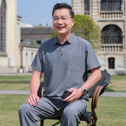 男士冰丝无痕短袖套装2025新款中年运动休闲POLO衫T恤爸爸装夏装