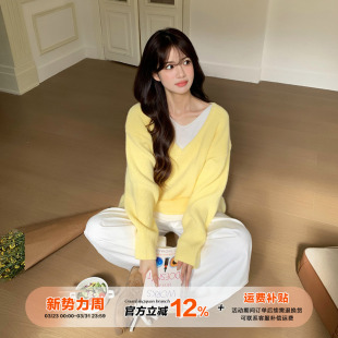 秋百搭套头毛衣 橘子树在哪儿韩系假两件撞色V领针织衫 限时价