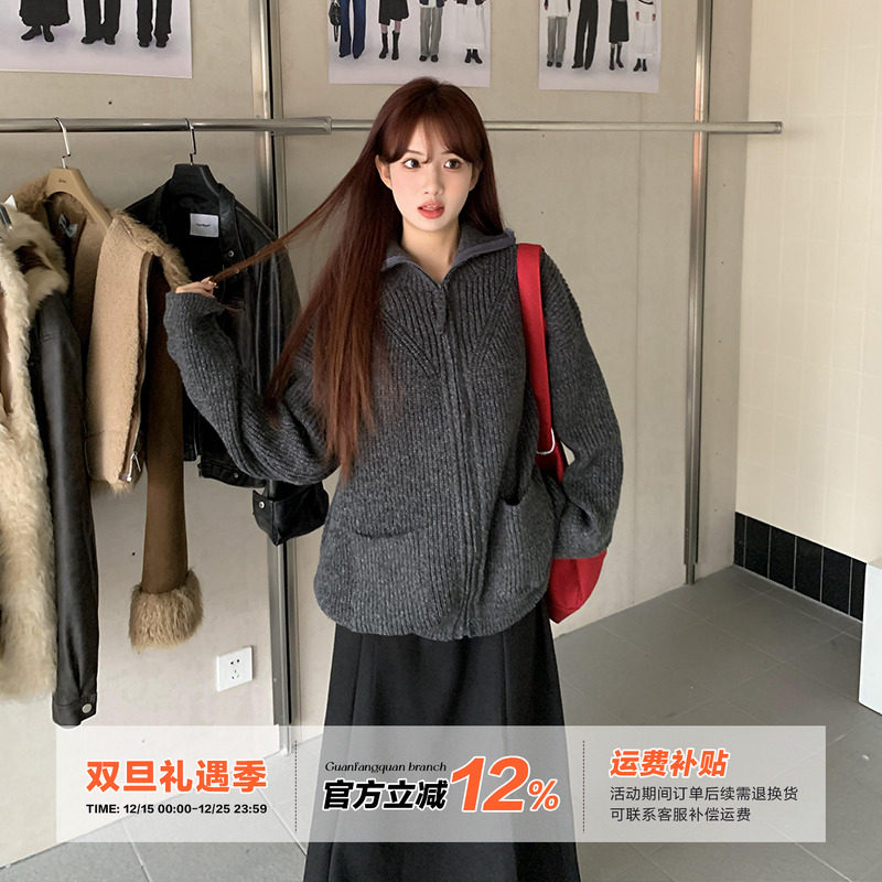 橘子树在哪儿韩版简约毛衣外套女秋冬设计感口袋百搭宽松针织上衣