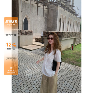 橘子树在哪儿韩系v领系带短袖衬衫女夏慵懒风宽松显瘦中长款上衣