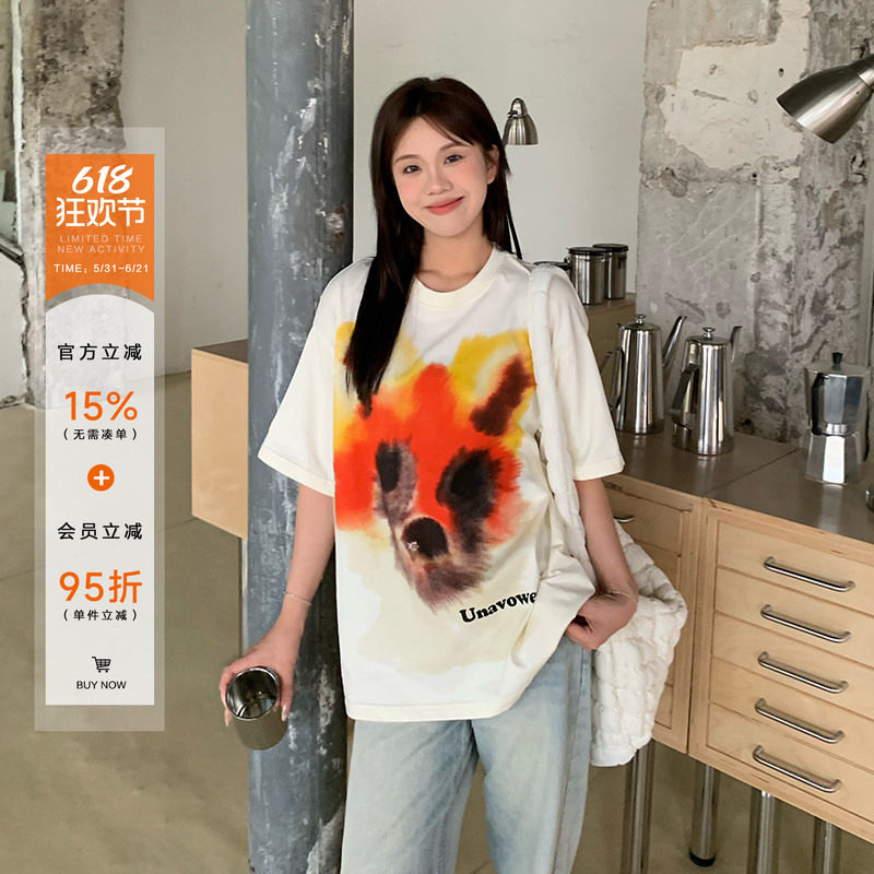橘子树在哪儿美式复古涂鸦印花短袖T恤女夏季设计感宽松情侣上衣