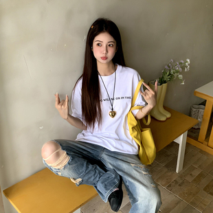 橘子树在哪儿韩系简约风印花短袖 上衣 t恤女夏季 宽松休闲字母半袖