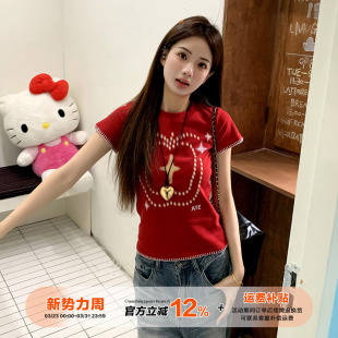 设计感辣妹修身 t恤女夏季 显瘦体恤上衣 印花短袖 橘子树在哪儿美式