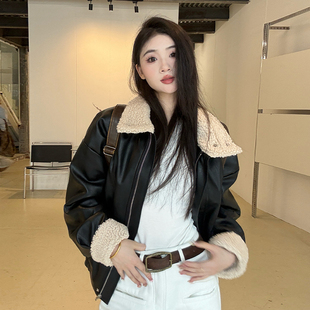橘子树在哪儿皮毛一体羊羔毛外套女秋冬高级感加厚机车皮夹克上衣