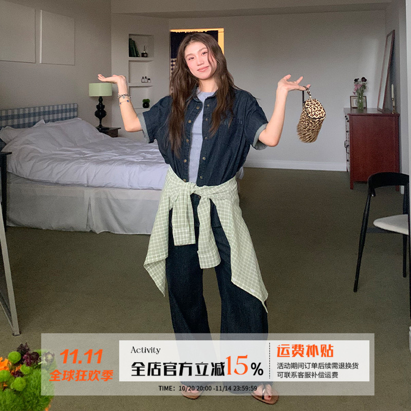 橘子树在哪儿纸片人牛仔套装女夏季复古显瘦百搭外套直筒裤两件套